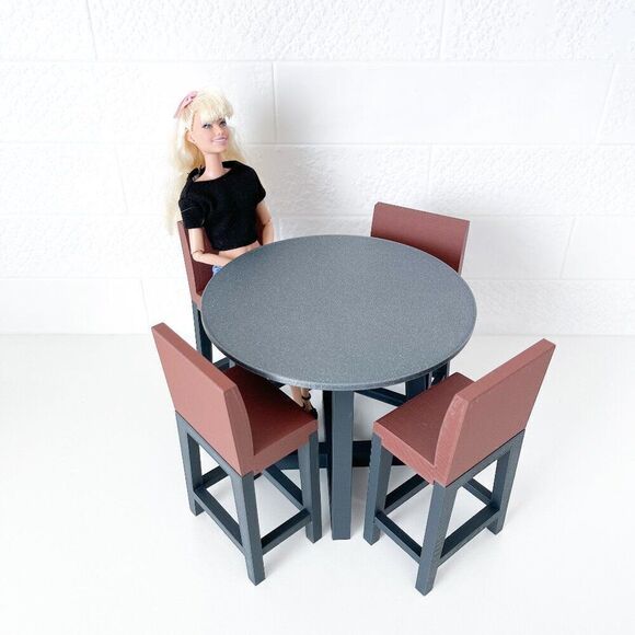 Miniature Barbie Bistro Gray Table 4 Chairs 3D Printed Dollhouse Furniture - Picture 1 of 6